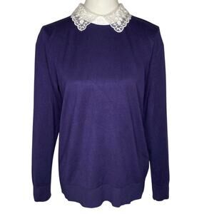 Cable & Gauge Knit Sweater Purple White Lace Peter Pan Collar XL Preppy Retro